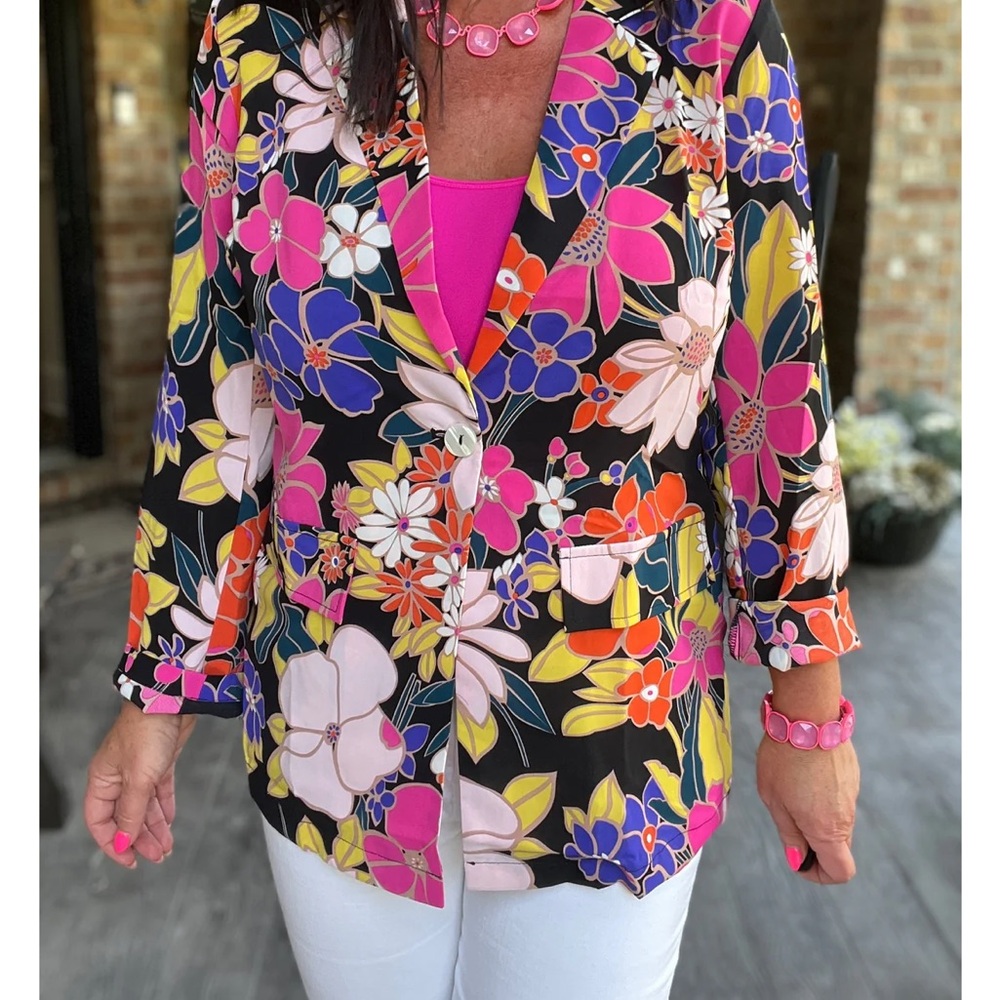NWT Jodifl 100% Polyster Black BlazerWith Vibrant Floral Colors; size small